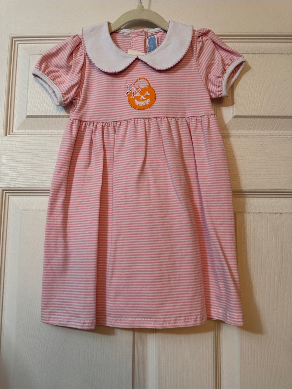 Trotter Street Kids Pink Striped Embroidered Peter Pan Dress